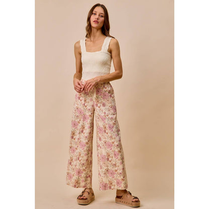 Floral Print Twill Wide Leg Pants