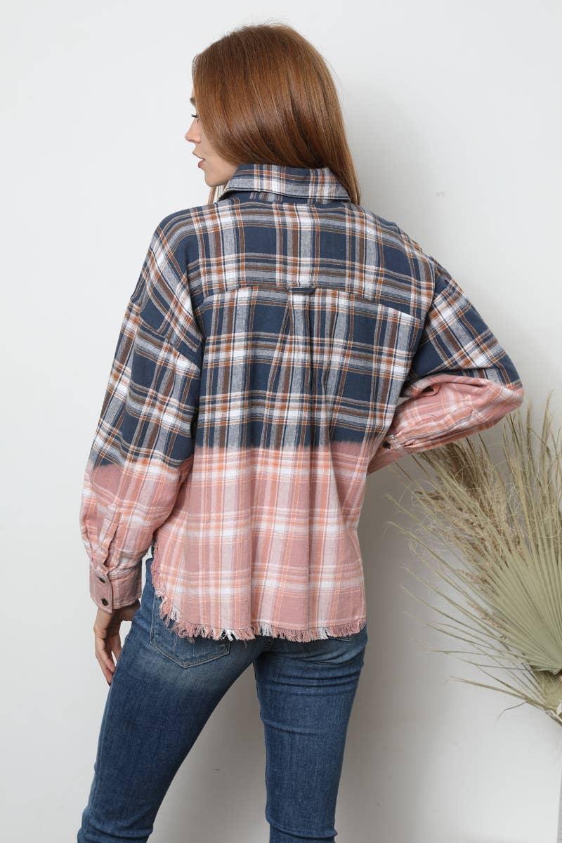 PLAID BLEACH OMBRE DIP DYE BUTTON FRONT SHIRT - Southern Sassy Boutique