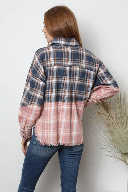 PLAID BLEACH OMBRE DIP DYE BUTTON FRONT SHIRT - Southern Sassy Boutique