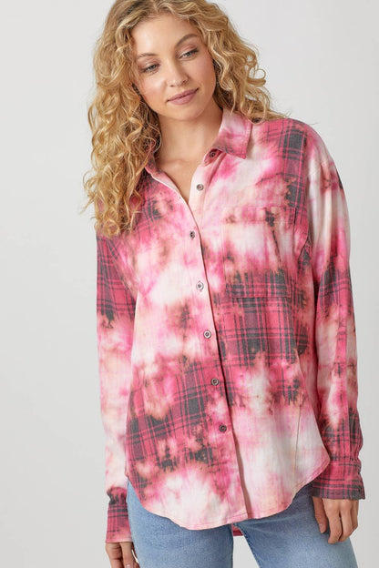 Bleach Dyed Plaid Shacket - Southern Sassy Boutique