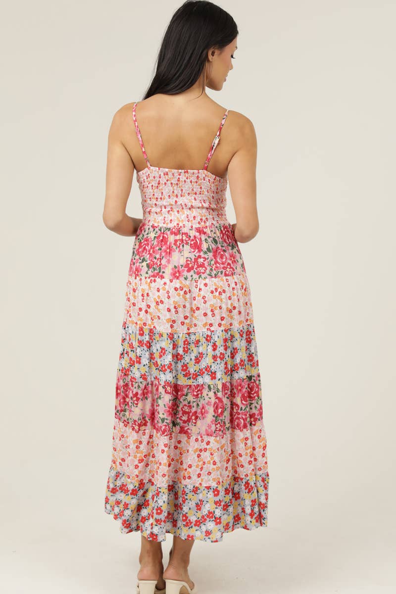 V Neck Twist Front Floral Tiered Maxi Dress