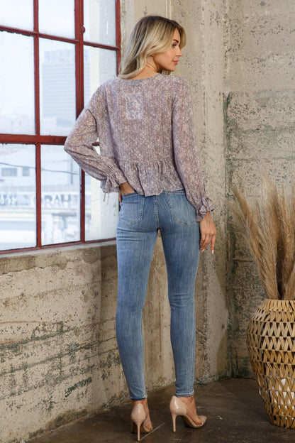 Chiffon Clip Dot Jacquard Peplum Tie Front Blouse - Southern Sassy Boutique