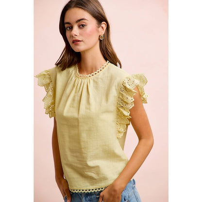COTTON SOLID RUFFLE SLEEVE LACE DETAIL BLOUSE TOP