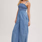 DENIM SMOCKED STRAP WIDE LEG JUMPSUIT