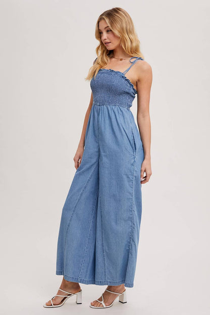 DENIM SMOCKED STRAP WIDE LEG JUMPSUIT - Southern Sassy Boutique