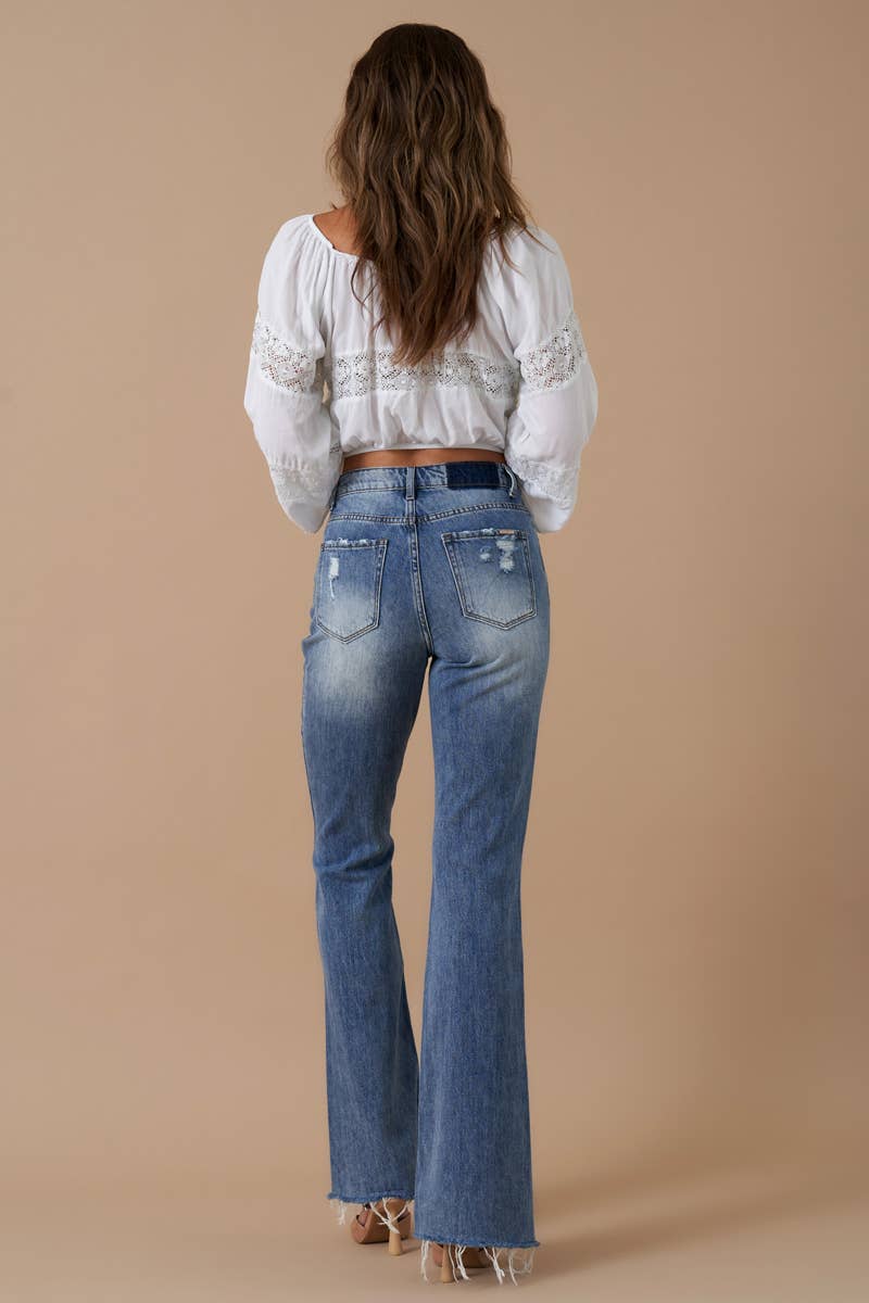 High Rise Front Slit Flare Distressed Denim