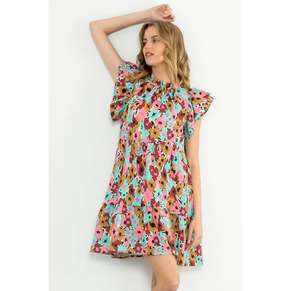 Flutter Sleeve Tiered Print Dress
