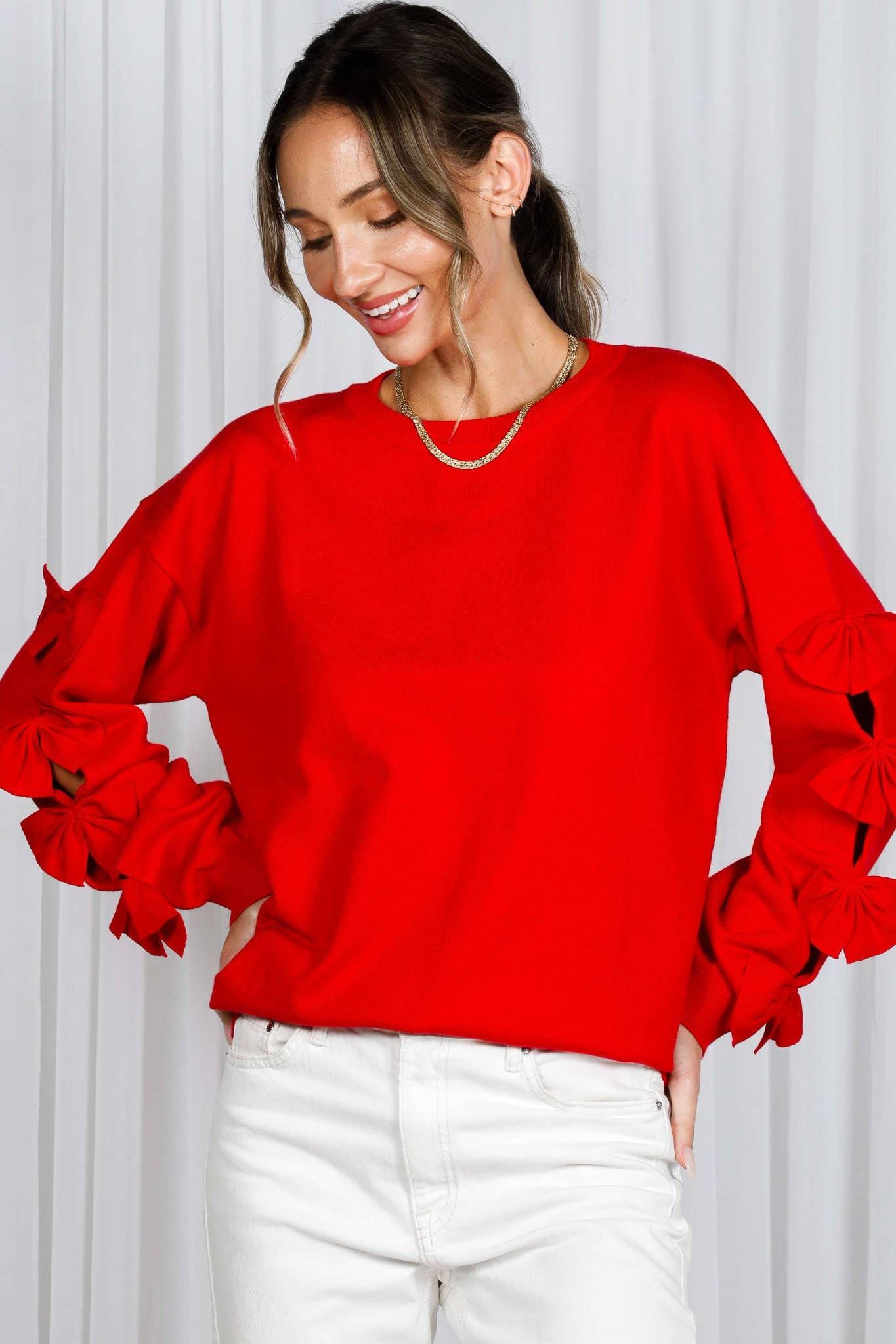 Bow Embellished Long-Sleeve Crew Neck Knit Sweater VT82605- - Southern Sassy Boutique