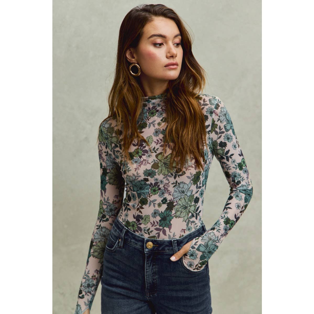 Floral Print Mesh Knit Long Sleeve Top