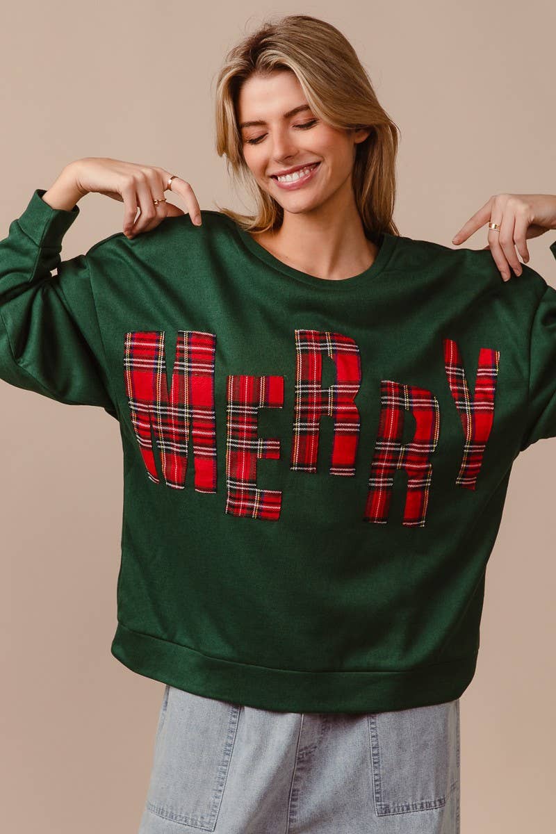 Plaid Merry Lettering Christmas Fleece Sweatshirt