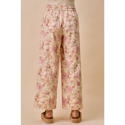 Floral Print Twill Wide Leg Pants