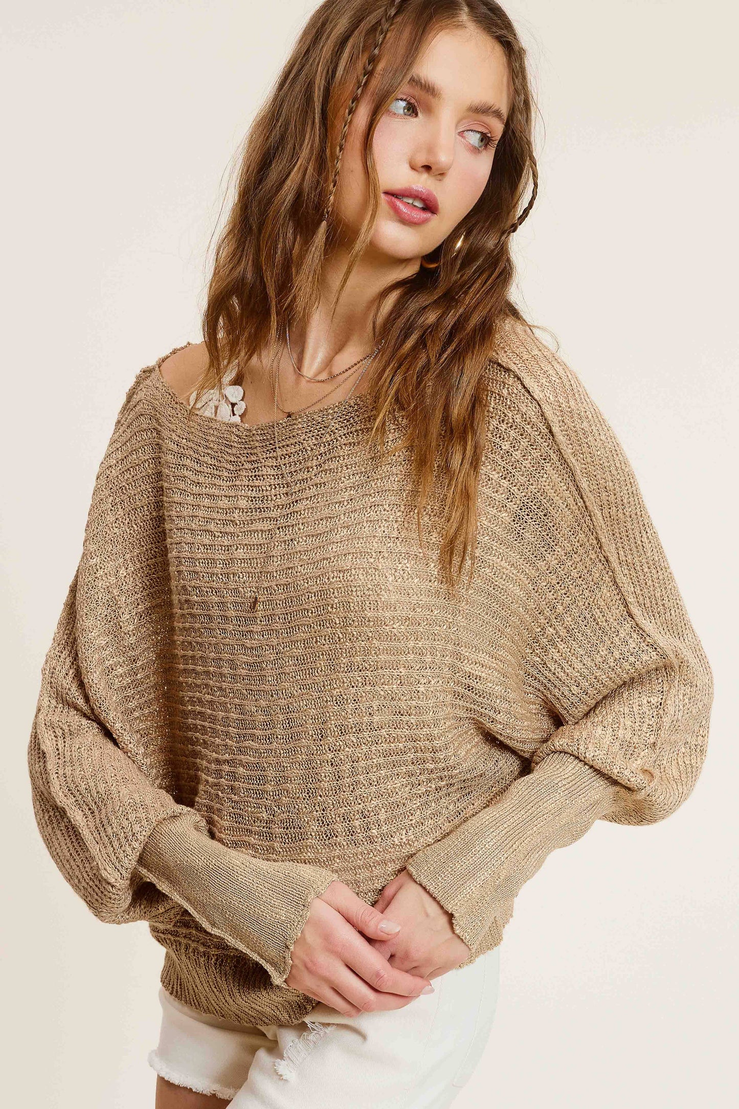 Lightweight Dolman Sleeve Boat Neck Sweater Top