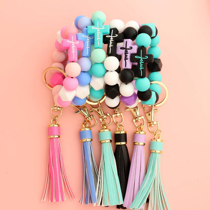 Cross Color-Block Silicone Bead Bracelet Keychain