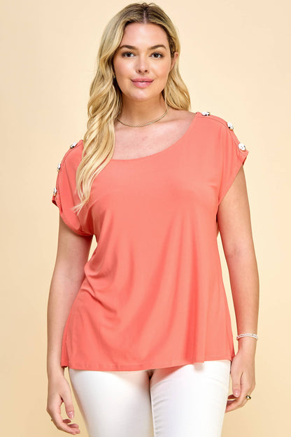 Curvy Short Sleeve Top with Shoulder Buttons