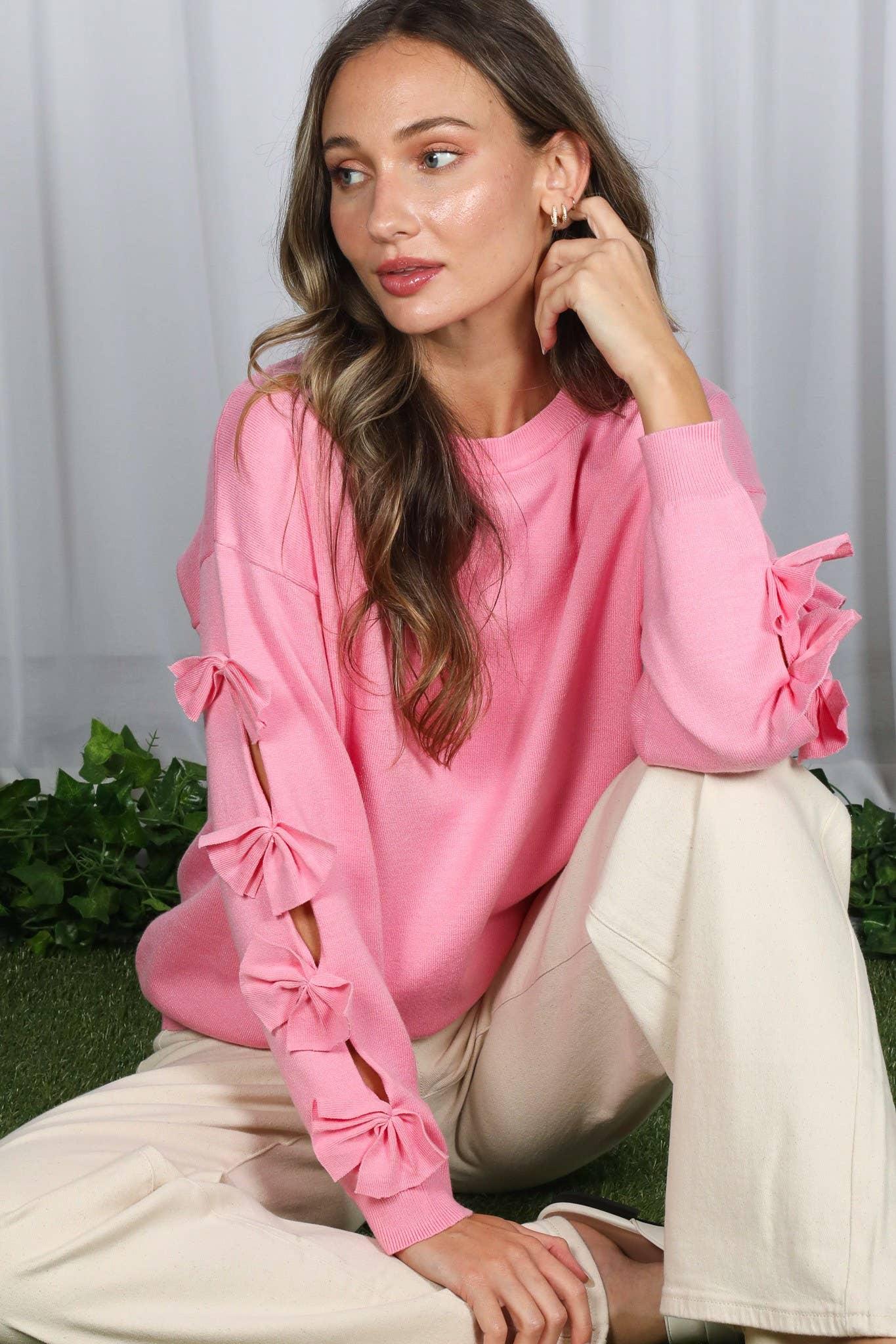 Bow Embellished Long-Sleeve Crew Neck Knit Sweater VT82605- - Southern Sassy Boutique