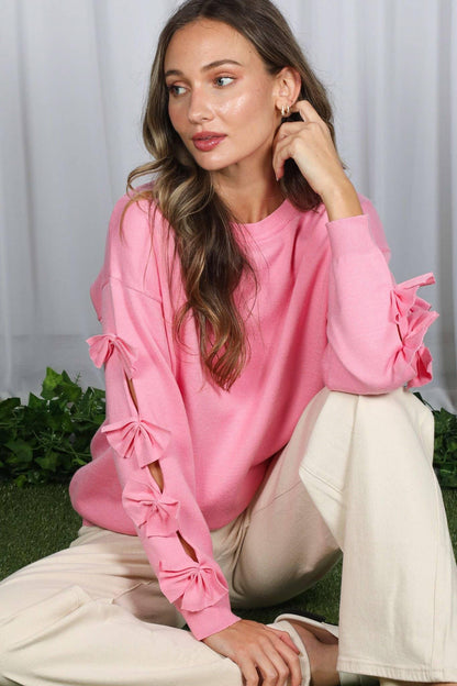Bow Embellished Long-Sleeve Crew Neck Knit Sweater VT82605- - Southern Sassy Boutique