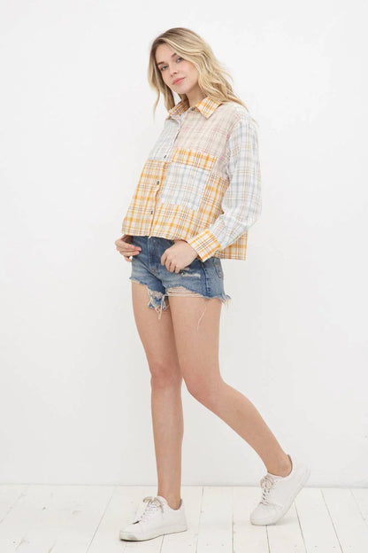 Mix Plaid Pocket Front Button Up Crop Shirt - Southern Sassy Boutique