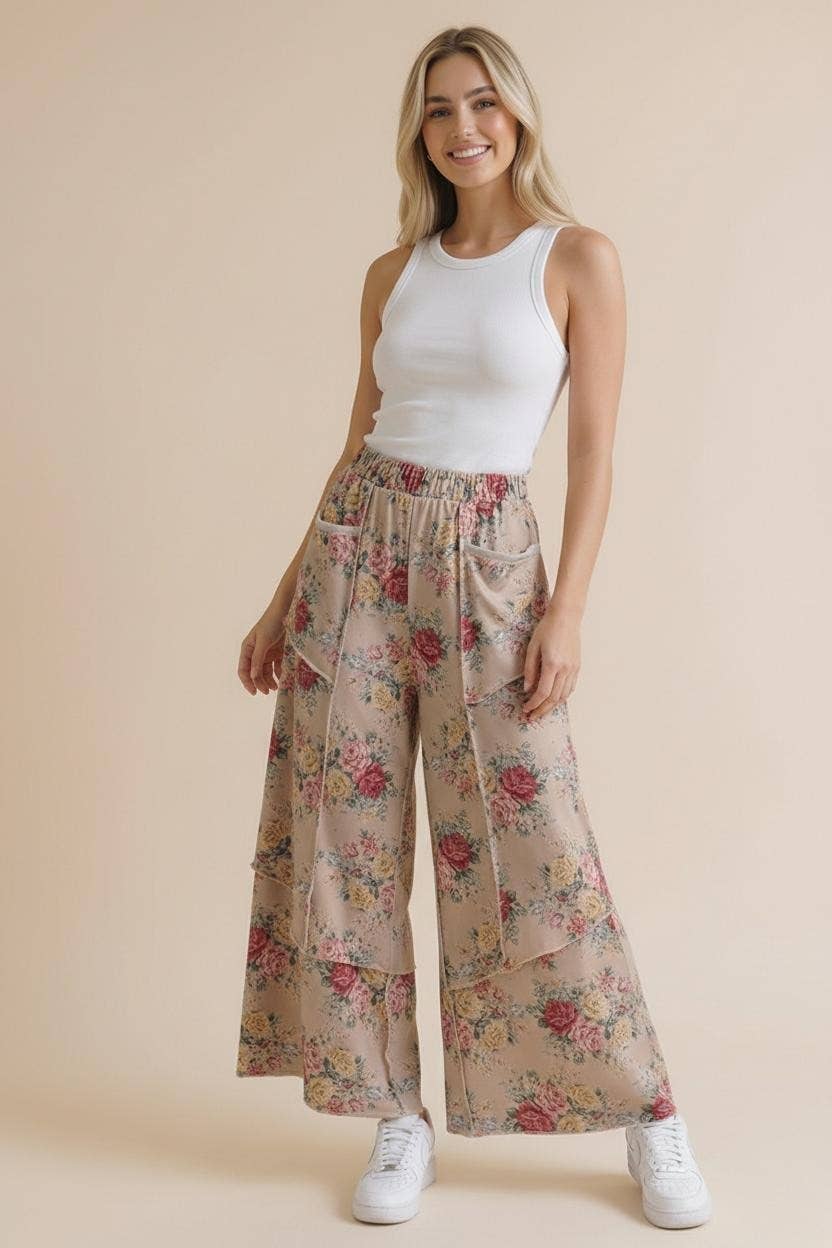 Elastic Waist Wide Leg Vintage Floral Pant