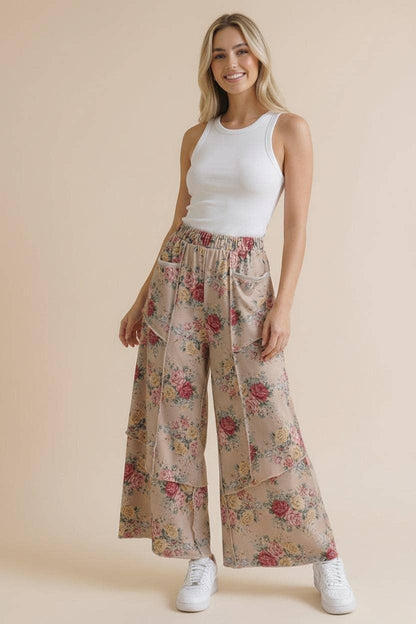 Elastic Waist Wide Leg Vintage Floral Pant