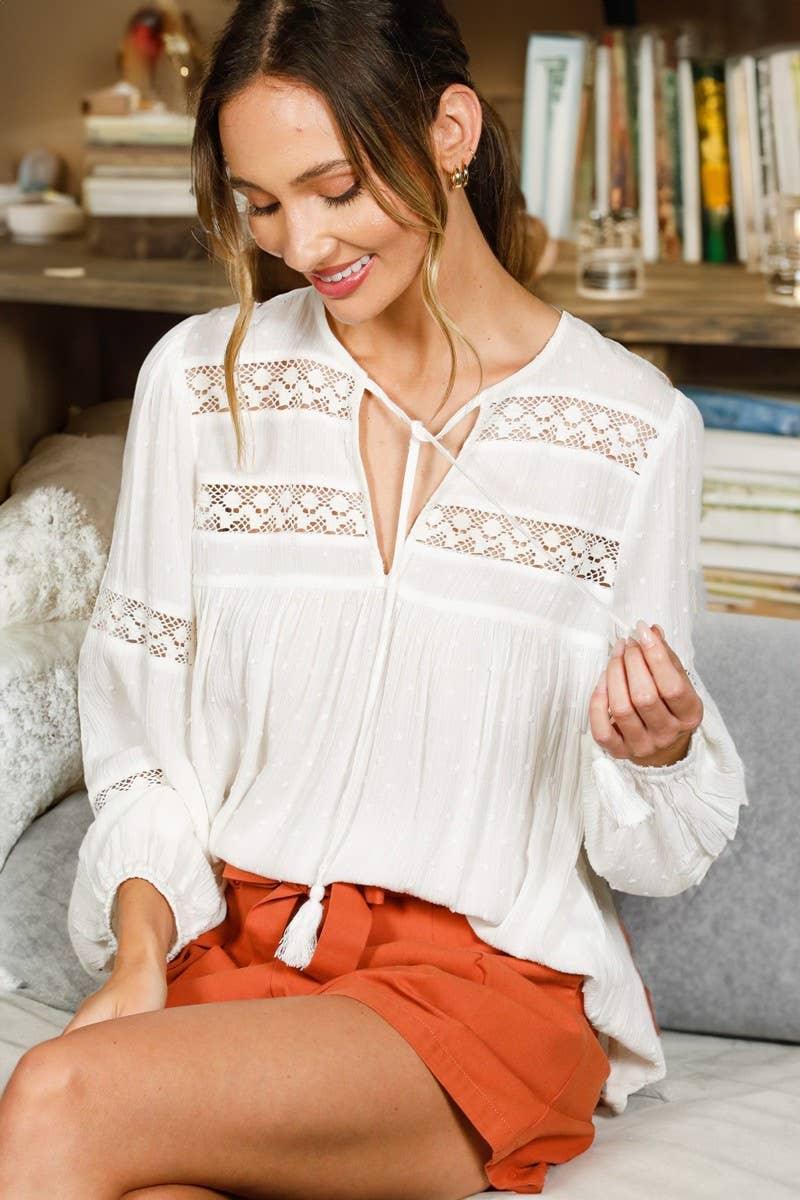 Lace Trim Swiss Dot Rayon Gauze Tassel Tie Neck Top VT82515- - Southern Sassy Boutique