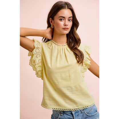 COTTON SOLID RUFFLE SLEEVE LACE DETAIL BLOUSE TOP