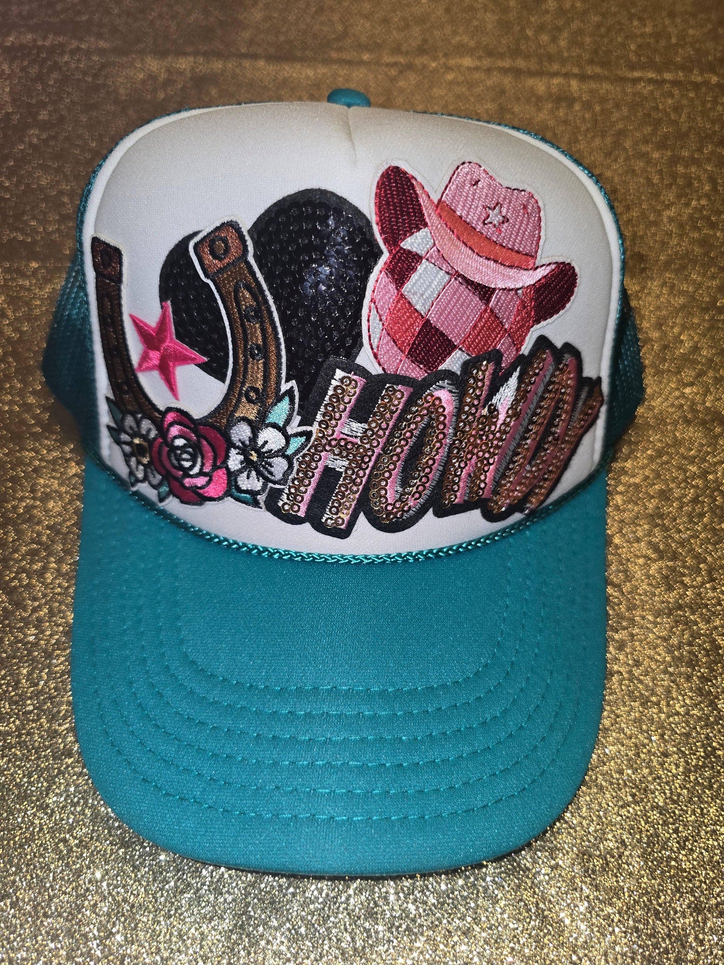 Howdy Horseshoe Pink Cowgirl Teal Trucker Hat - Southern Sassy Boutique