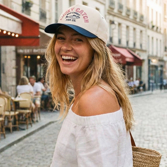 Lucky Catch Embroidered Letter on Two Tone Trucker Hat