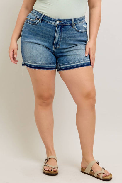 Mid Rise Tummy Control Vintage Wash Release Hem Shorts - PLUS