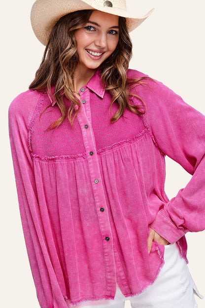 Soft Washed Button Down Waffle Textured Gauze Shirts - Southern Sassy Boutique