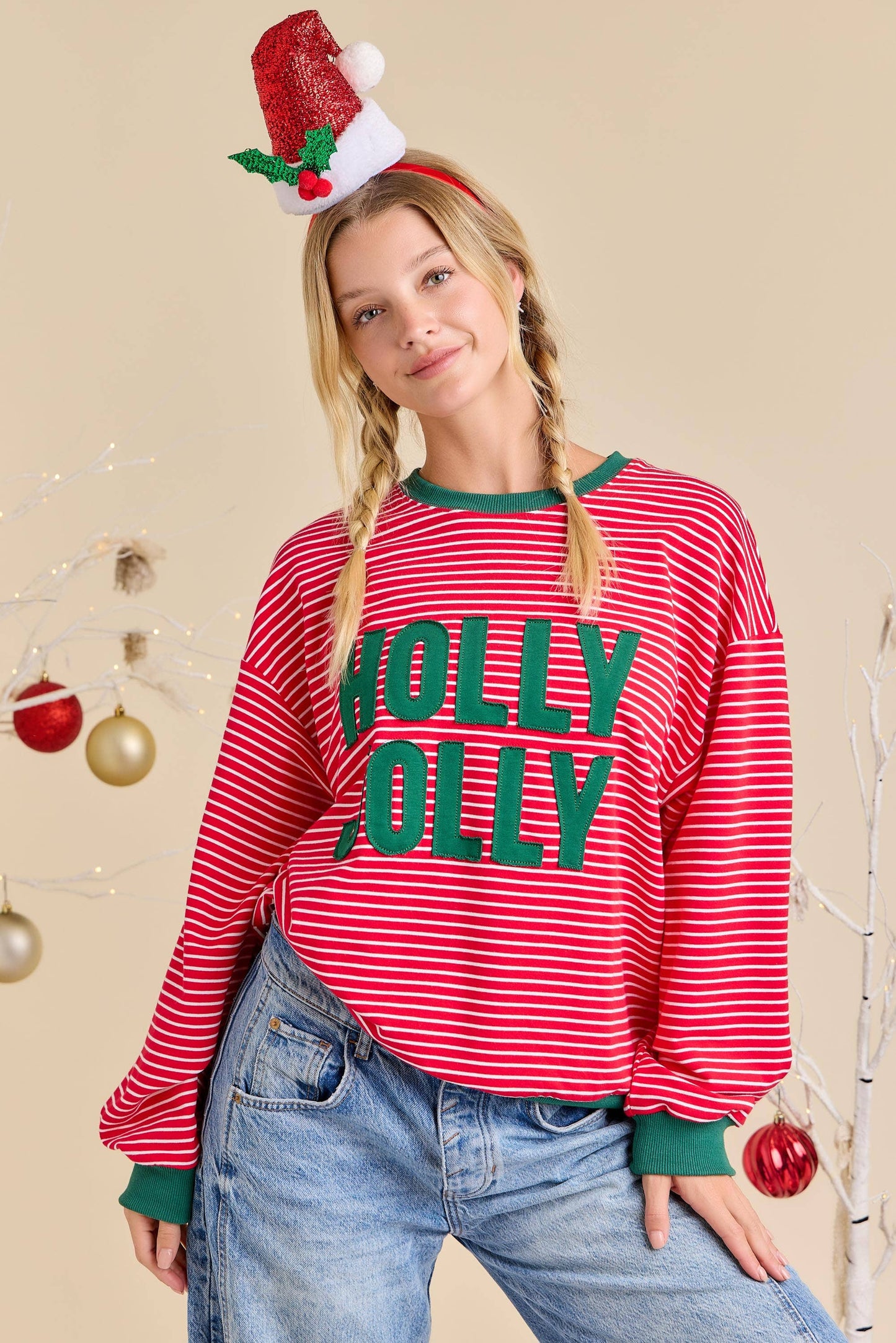 Holly Jolly Patchwork Over Stripe Pullover