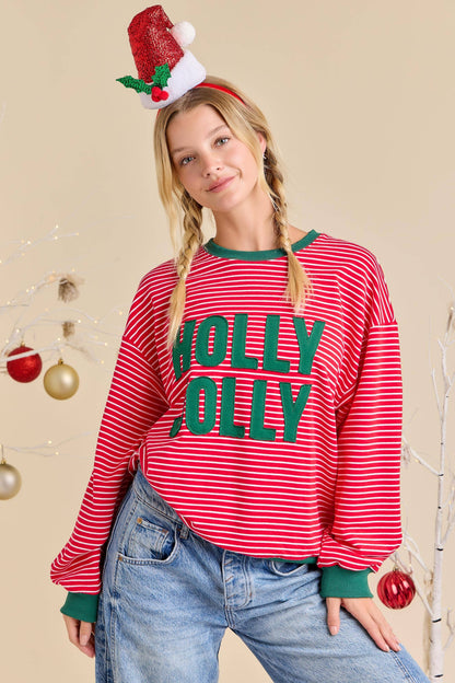 Holly Jolly Patchwork Over Stripe Pullover