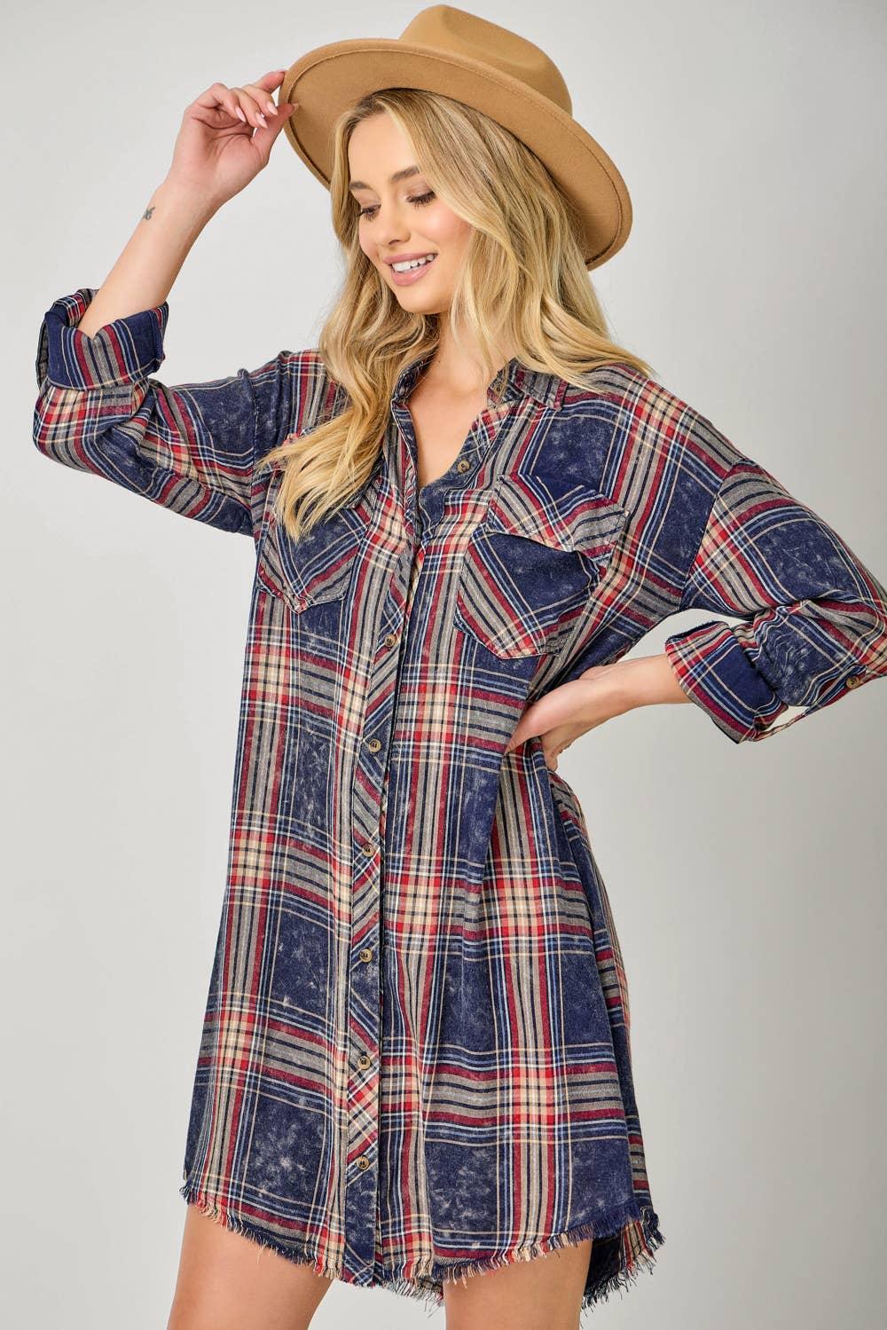 Washed Plaid Shirt Dress - Southern Sassy Boutique