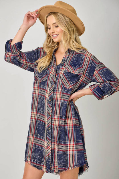 Washed Plaid Shirt Dress - Southern Sassy Boutique