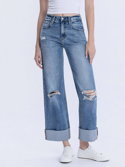 SUPER HIGH RISE DOUBLE CUFFED BAGGY WIDE JEANS - Southern Sassy Boutique