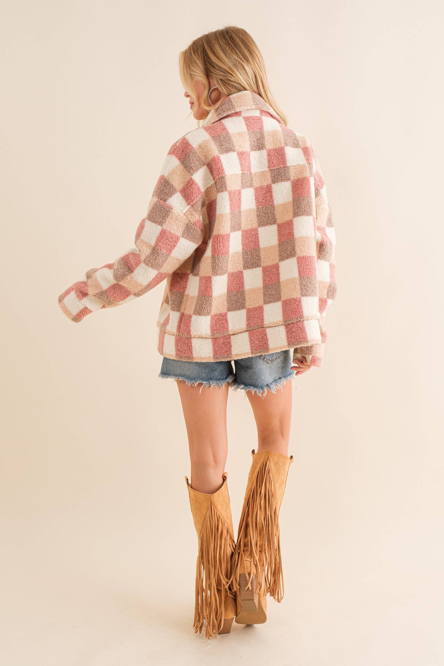 Checkered Teddy Chest Pocket Oversized Jacket