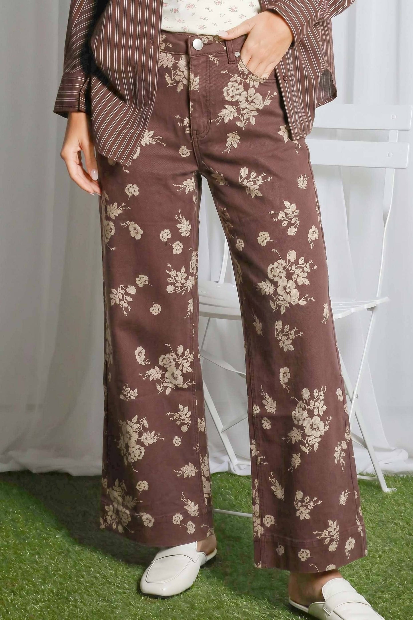 Floral Print Straight Leg Cotton Denim Span Pants
