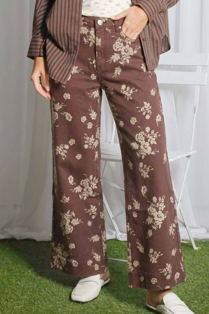 Floral Print Straight Leg Cotton Denim Span Pants