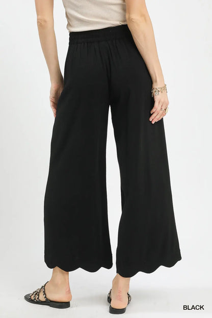 Linen Blend Scallop Hem Wide Leg Pants