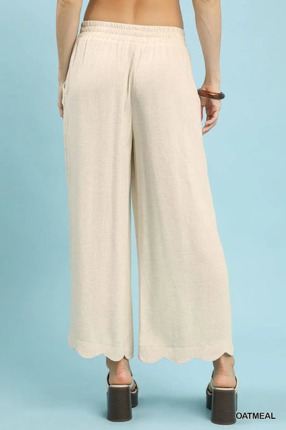 Linen Blend Scallop Hem Wide Leg Pants