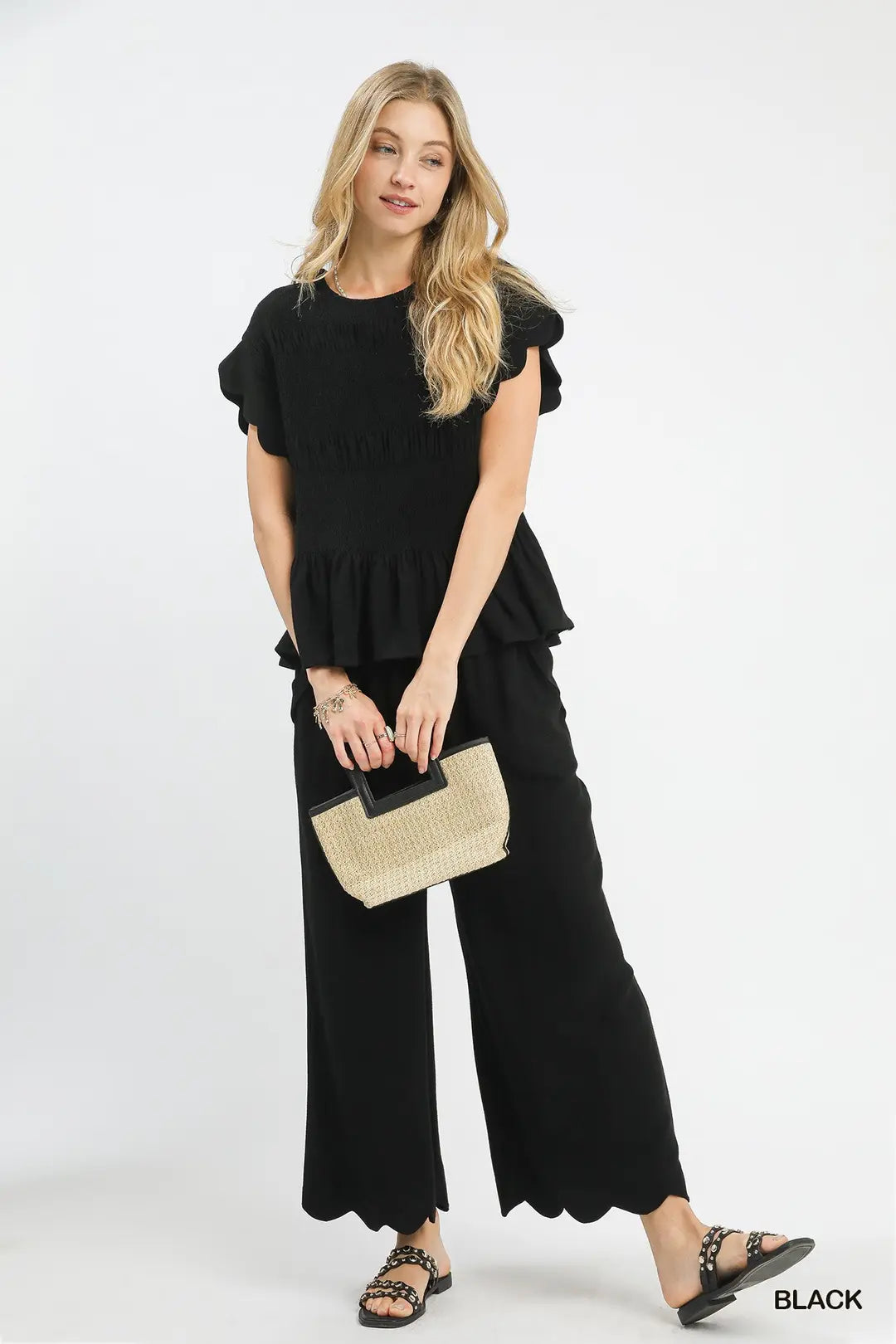Linen Blend Scallop Hem Wide Leg Pants