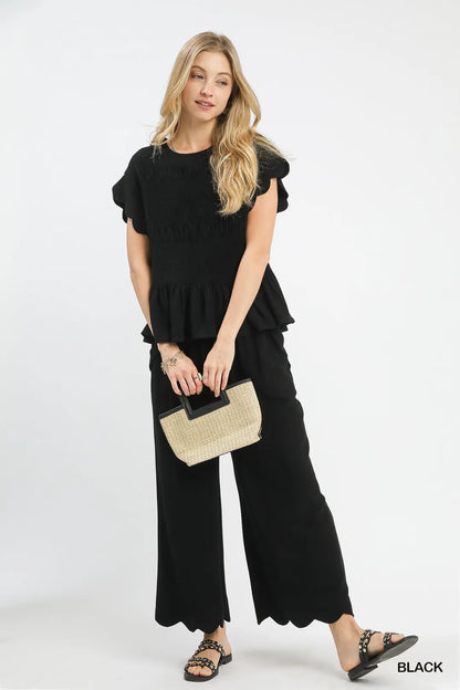 Linen Blend Scallop Hem Wide Leg Pants