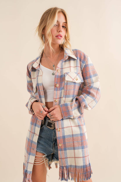 Yarn Dyed Fringe Bottom Button Up Long Shirt Jacket