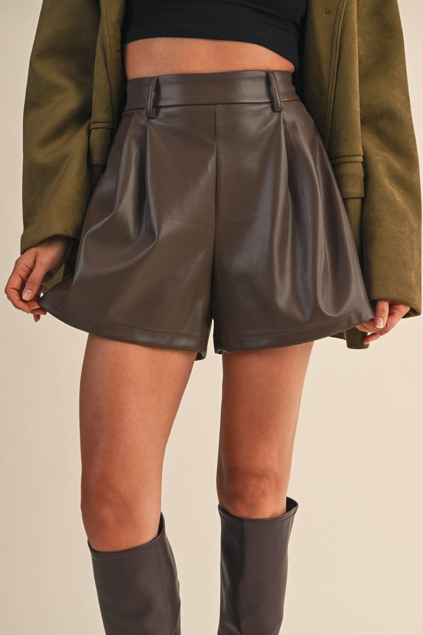 FAUX LEATHER PLEATED SHORTS - Southern Sassy Boutique