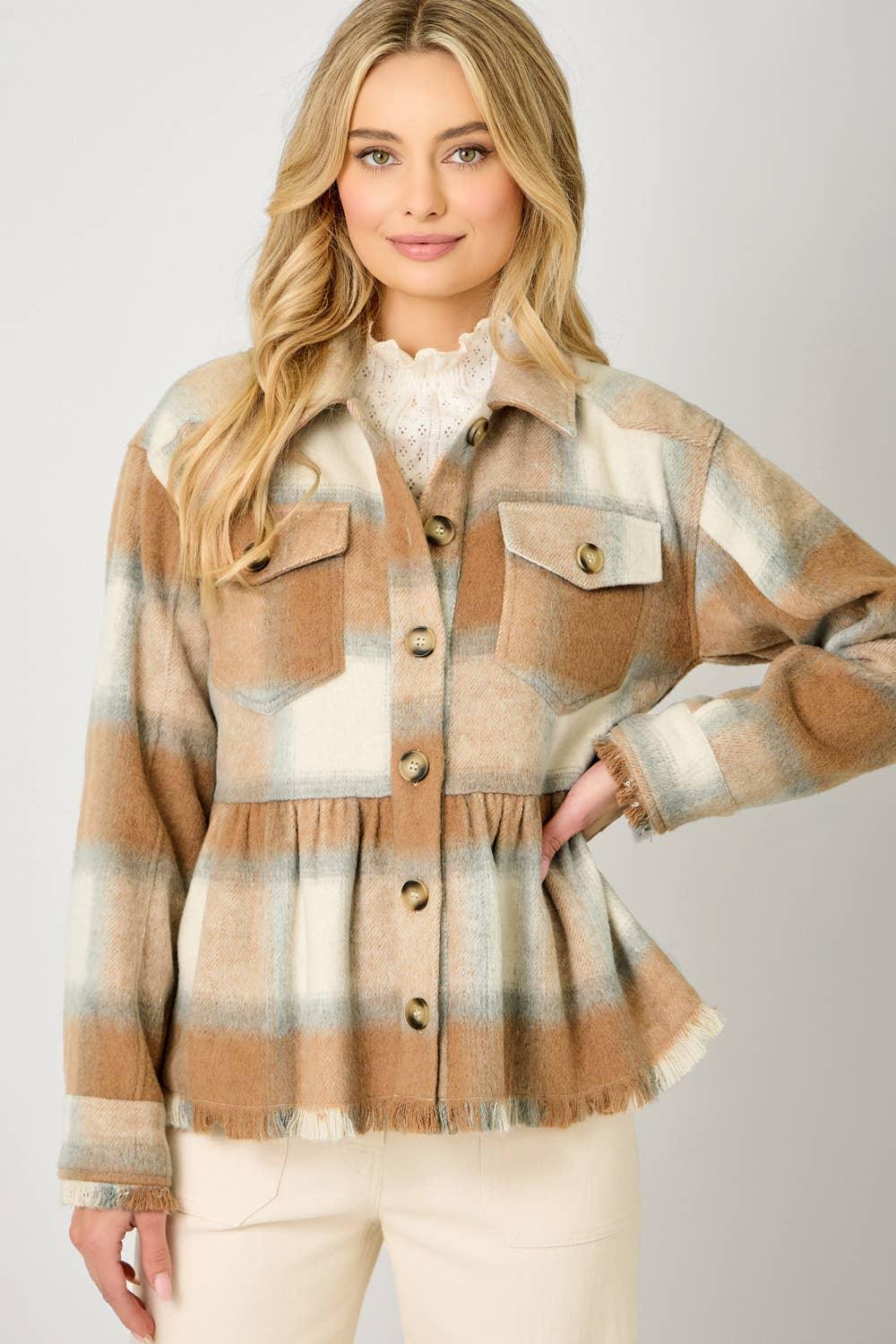 Peplum Fringe Plaid Jacket - Southern Sassy Boutique