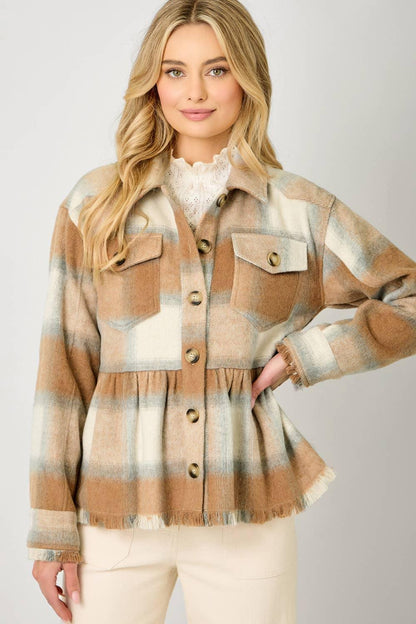 Peplum Fringe Plaid Jacket - Southern Sassy Boutique