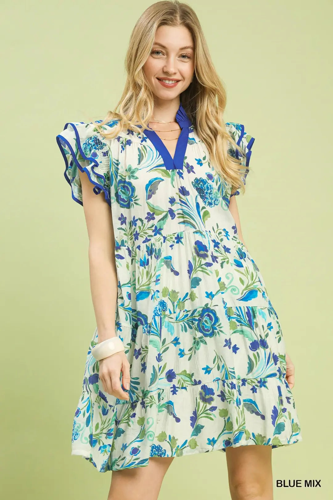 Green & Blue Floral Tiered Ruffle Sleeve Dress
