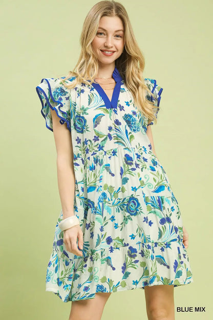 Green & Blue Floral Tiered Ruffle Sleeve Dress