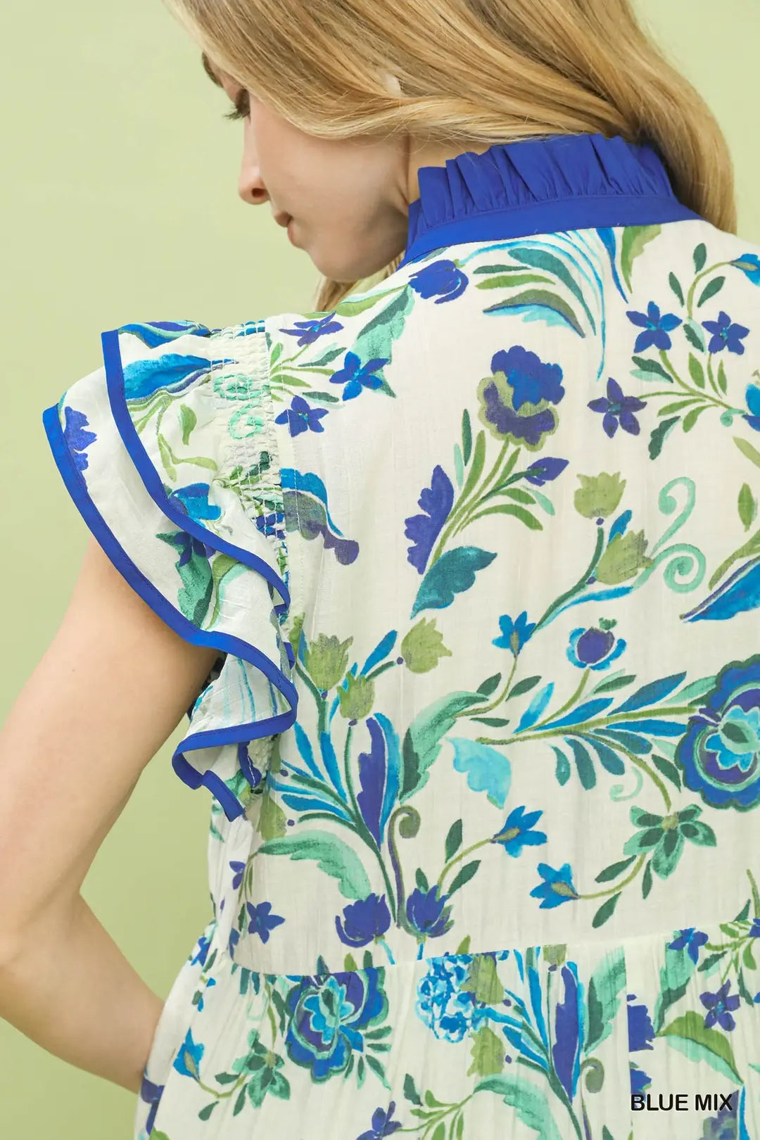 Green & Blue Floral Tiered Ruffle Sleeve Dress