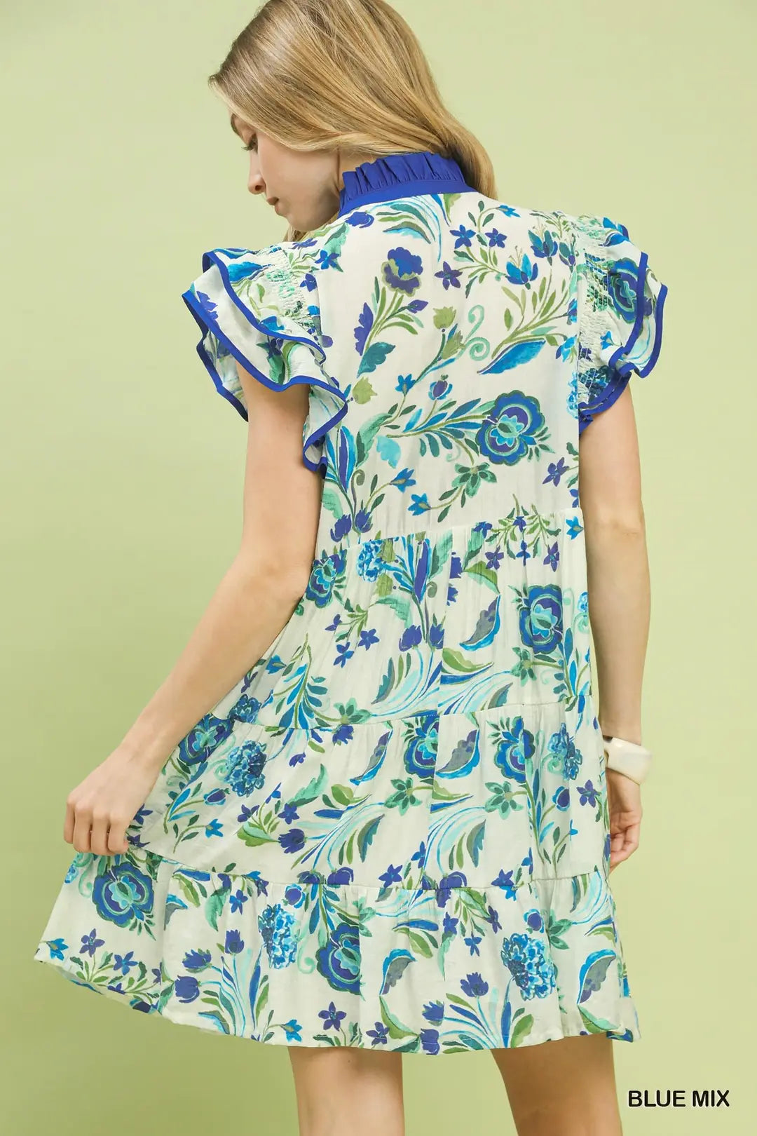 Green & Blue Floral Tiered Ruffle Sleeve Dress