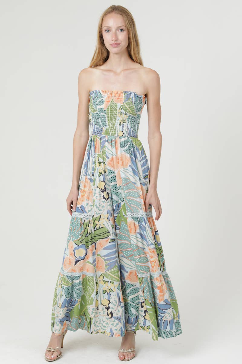Smocked strapless wide-leg jumpsuit